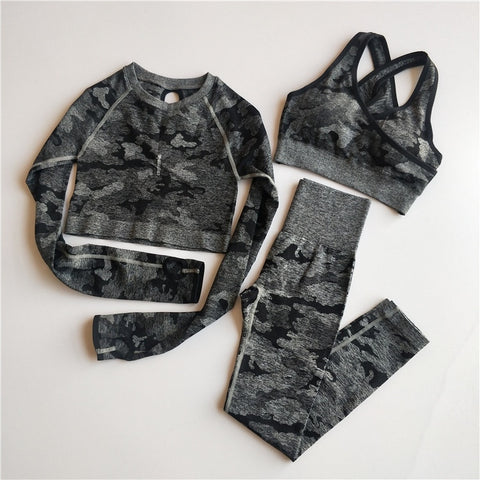 3PCS Camo Seamless Yoga Set Sports Wear  Women Fitness Clothing Yoga Leggings+Sport Bra+Long Sleeve Crop Top Gym Sports Suits