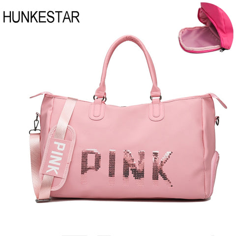 4 Color Pink Red Black Gym Bag Sports Bags for Fitness Women Training Shoes Shoulder Leather Bag Sport Ladies Sequins Letters